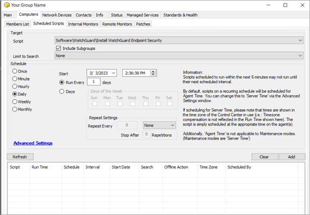 Screenshot of the Scheduled Scripts page in ConnectWise Automate