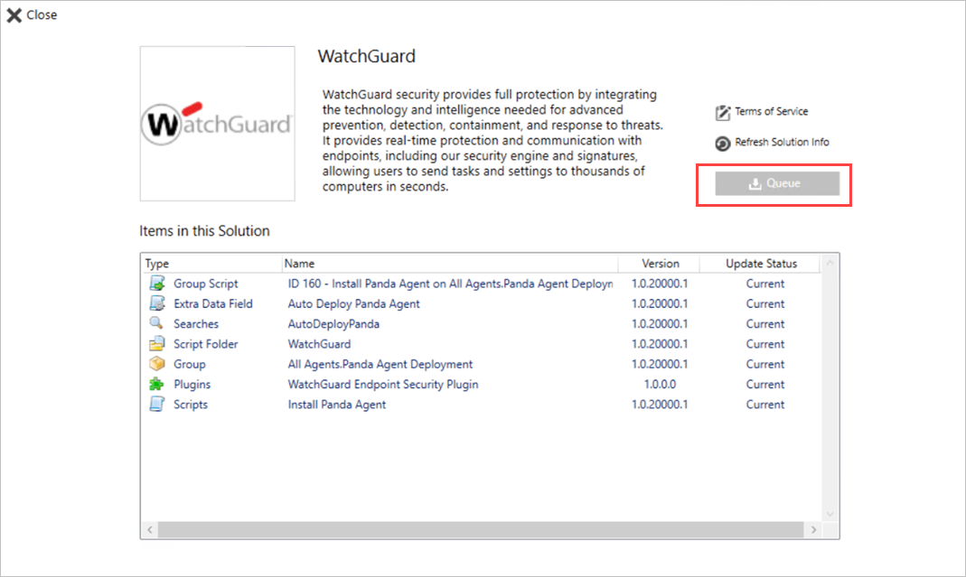 Screen shot of the WatchGuard Endpoint Security Plug-in installer page in the ConnectWise Solutions Center