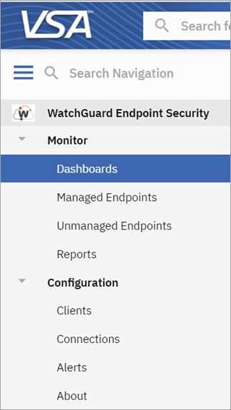 Screen shot of the left navigation menu of the WatchGuard Endpoint Security plug-in for Kaseya VSA
