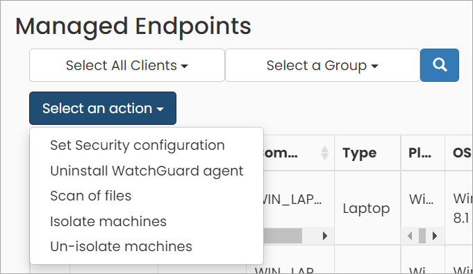 Screen shot of the Select an action drop-down on the Managed Endpoints page