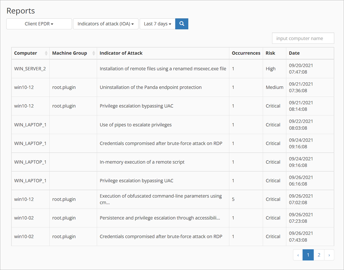 Screen shot of the Reports page in the Kaseya VSA UI plug-in filtered for Indicators of Attack
