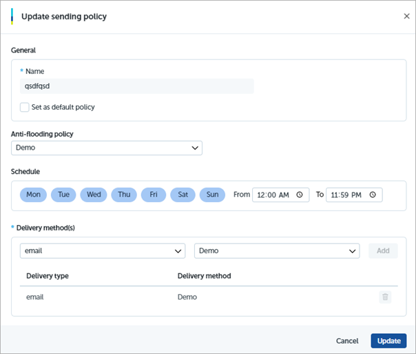 Screen shot of WatchGuard EPDR, Advanced Visualization Tool, list of sending policies