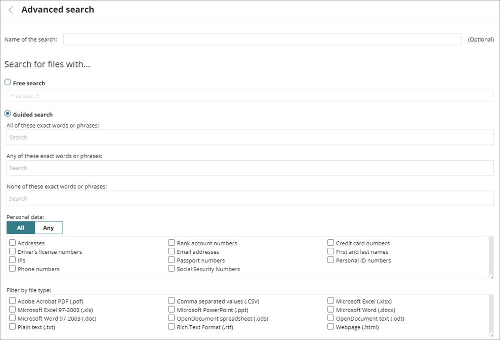 Screen shot of WatchGuard EPDR, Data Control Advanced Search