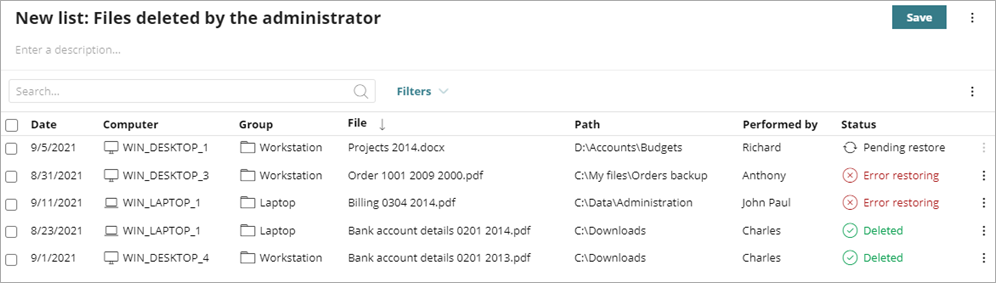 Screen shot of WatchGuard EPDR, Data Control new list