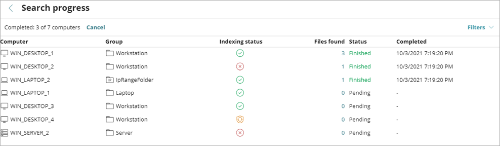 Screen shot of WatchGuard EPDR, Data Control Search Progress list