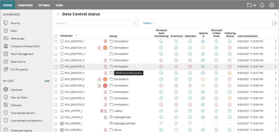 Screen shot of WatchGuard EPDR, Data Control status list