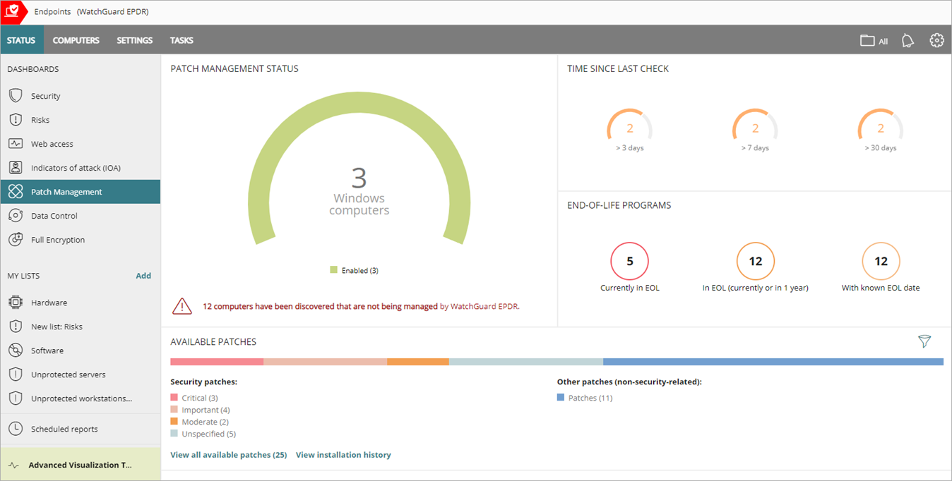 Screen shot of Patch Management Dashboard