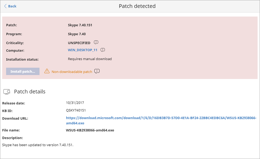 Screen shot of the Patch Detected page that shows the Download URL 