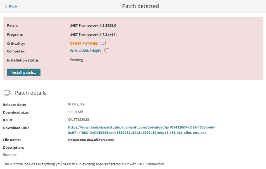 Screen shot of Patch Detected page