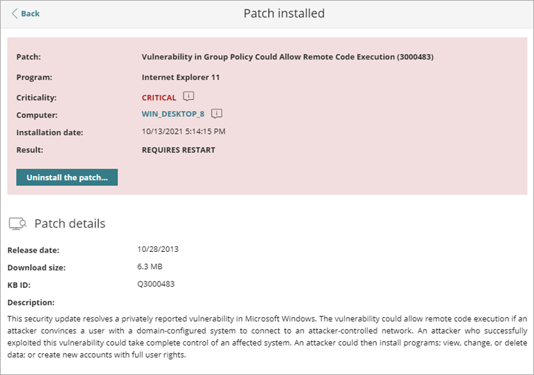 Screen shot of Patch Installed page
