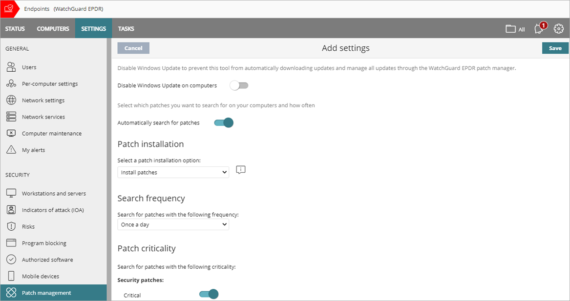 Screen shot of Patch Management settings