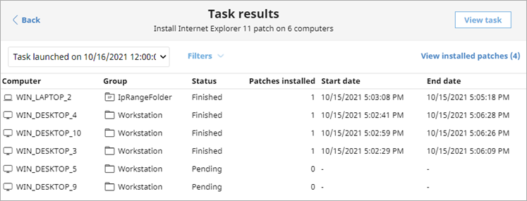 Screen shot of task results in Endpoint Security