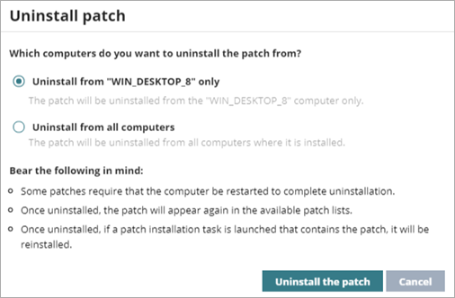 Screen shot of Uninstall Patch dialog box