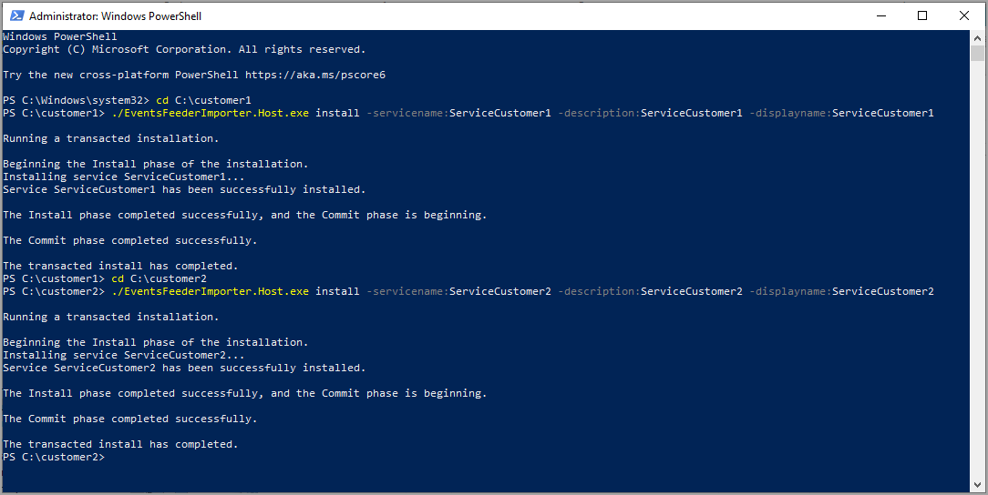 Screen shot of Windows PowerShell, Install multiple services