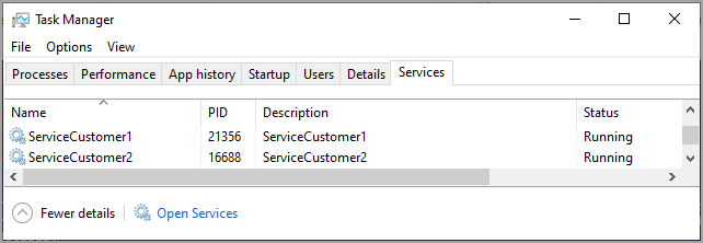 Screen shot of Task Manager services