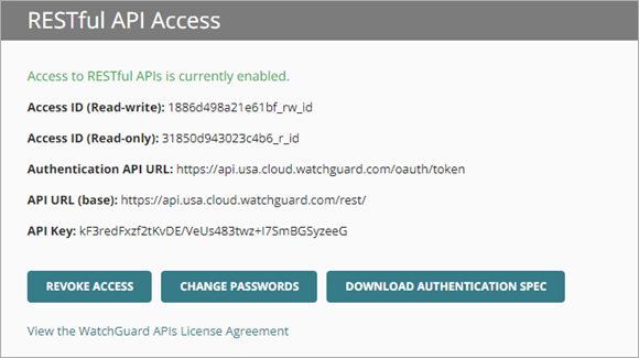 Screen shot of RESTful API Access section in WatchGuard Cloud
