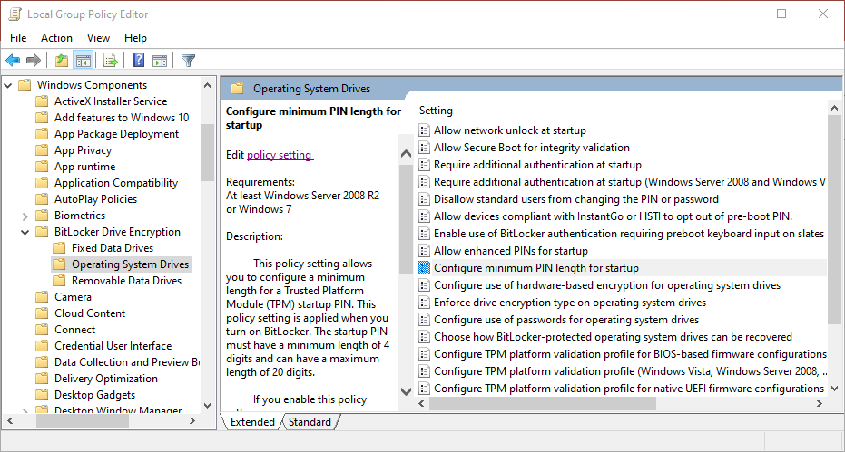 Screenshot of the Configure Minimum PIN Length for Startup policy