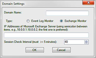 Screen shot of the Domain Settings dialog box for the Exchange Monitor