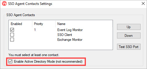 Screenshot of the SSO Agent Contacts Settings dialog box.