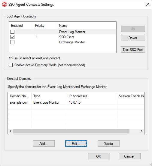 Screen shot of the SSO Agent Contacts Settings dialog box