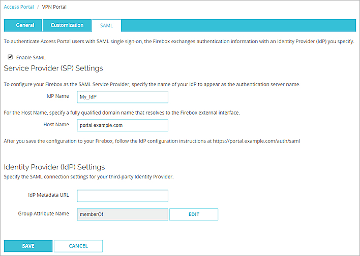 Screen shot of the SP Settings in the SAML configuration