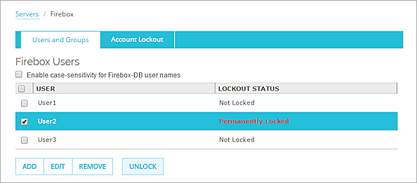 Screenshot of the Firebox Users list with a locked account