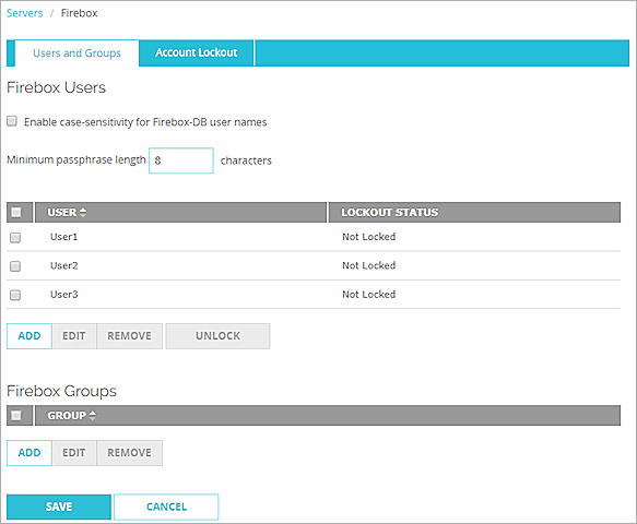Screen shot of the Firebox Users page