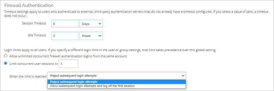 Screen shot of the Authentication Settings page, with Login Limit options