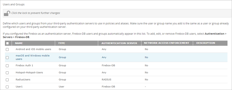 Screen shot of the Authentication Users and Groups page
