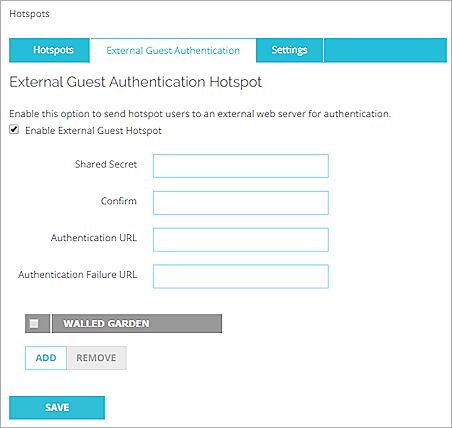 Screen shot of the Wireless page, Hotspot tab, with Hotspot Type External Guest Authentication selected