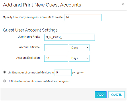 Screen shot of the Add and Pring New Guest Accounts dialog box