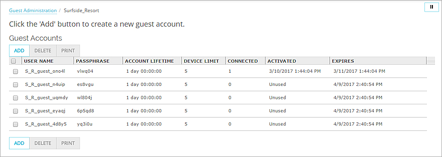Screen shot of the Accounts page with new guest user accounts in the Guest Accounts list