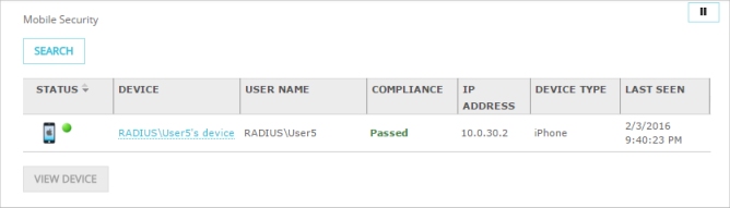 Screen shot of the Mobile Security dashboard with an RSSO user authenticated