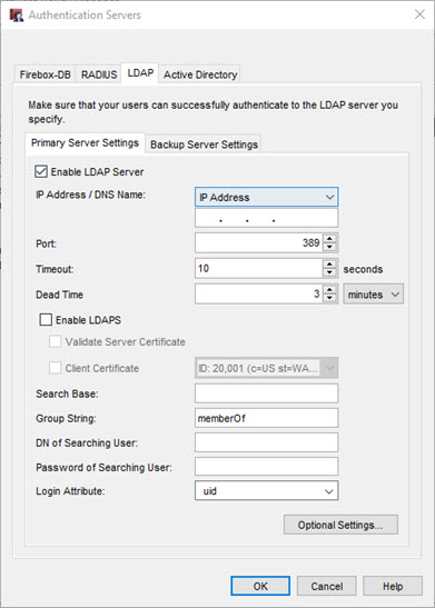 Screenshot of the Authentication Servers dialog box, with the LDAP tab selected