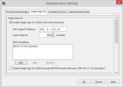 Screen shot of the Single Sign-On section of the Authentication Settings dialog box, with example SSO Exceptions