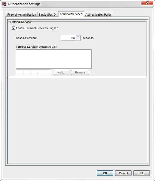 Screen shot of the Authentication Setting dialog box, Terminal Services tab