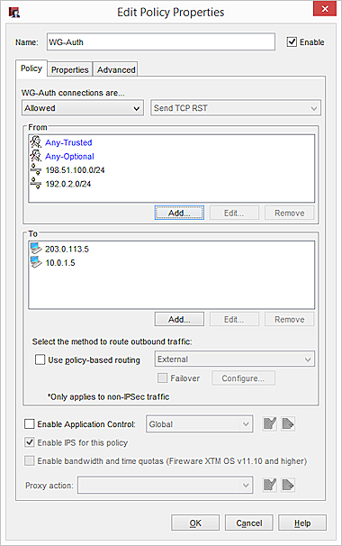 Screen shot of the Edit Policy Properties dialog box for the WatchGuard Authentication policy