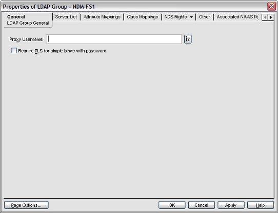 Screen shot of the Novell iManager Properties of LDAP Group dialog box, General tab