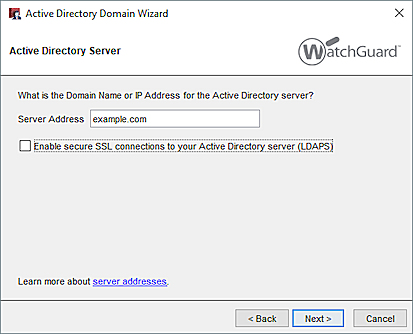 Screen shot of the Active Directory Server page of the wizard