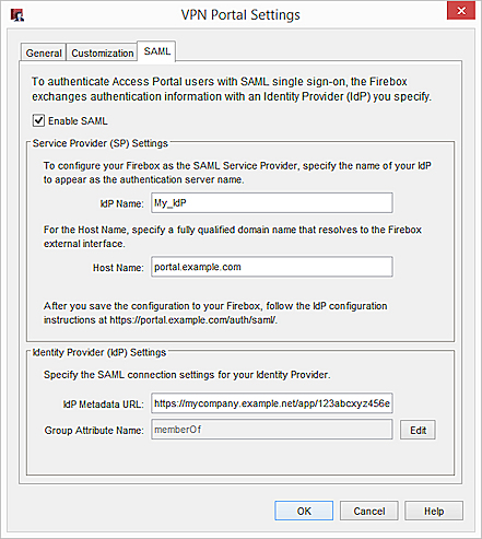 Screen shot of the SAML settings