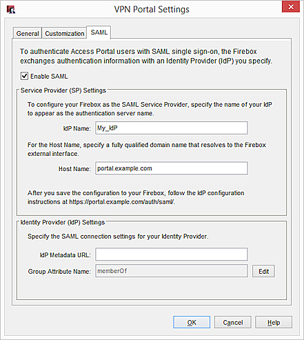 Screen shot of the SAML SP settings