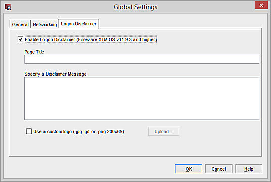 Screen shot of the Global Settings dialog box, Logon Disclaimer tab