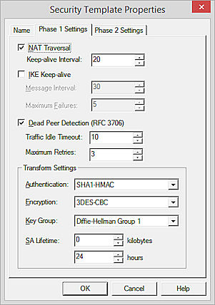 Screen shot of Security Template Properties dialog box with Phase 1 tab