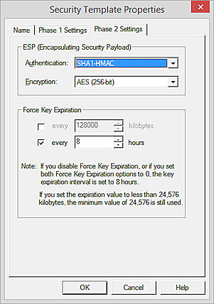 Screen shot of the Security Template Properties dialog box, Phase 2 tab