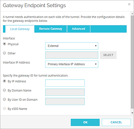 Screen shot of the Gateway Endpoint Settings dialog box, Local Gateway tab