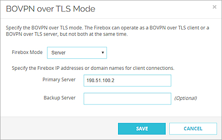 Screenshot of the BOVPN over TLS Mode dialog box.