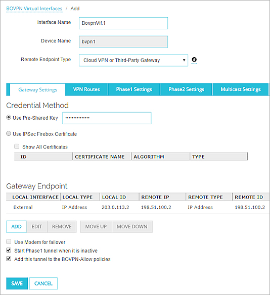 Screen shot of Gateway Settings page