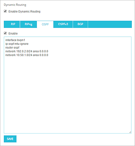 Screen shot of OSPF dynamic routing setup in the Web UI