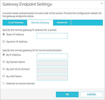Screen shot of the Gateway Endpoint Settings dialog box, Remote Gateway tab