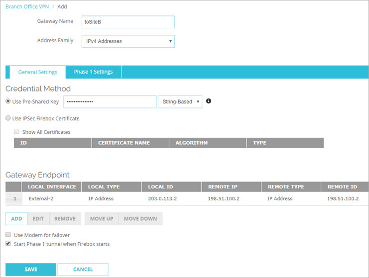 Screen shot of the Gateway General Settings tab with Endpoints